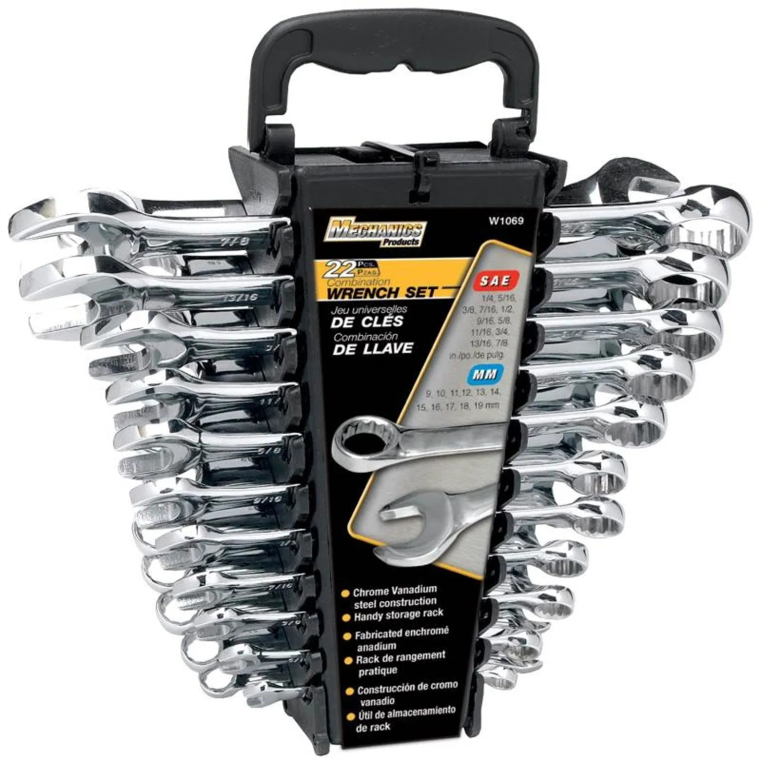 Wilmar W1069 Performance Tool W1069 Combination Wrench Set With Racks, 22 Pieces, Steel, Polished Chrome