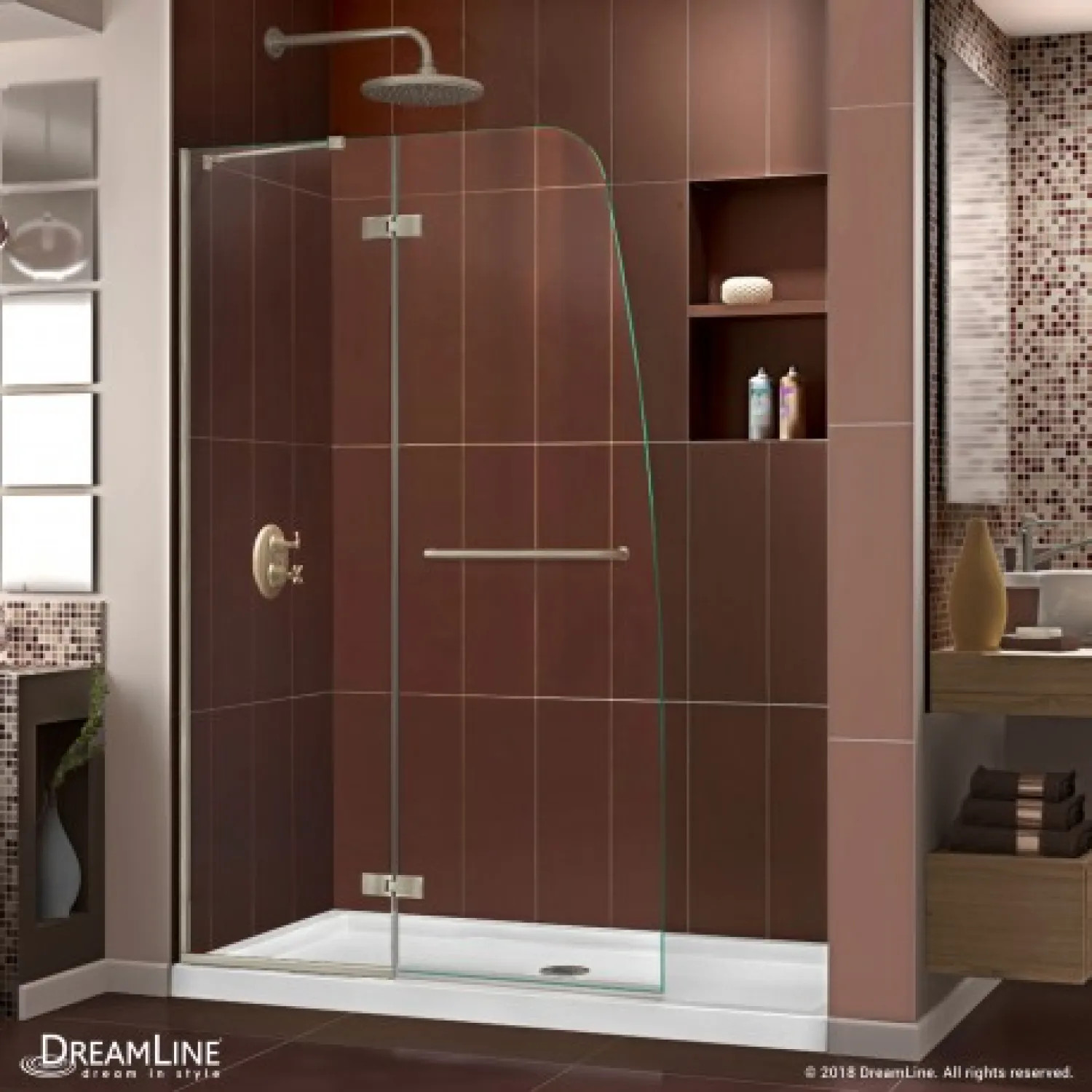 DreamLine DL-6521C-04CL DreamLine DL-6521C-04CL Aqua Ultra Clear Shower Door, Center Drain White Base Kit - Brushed Nickel