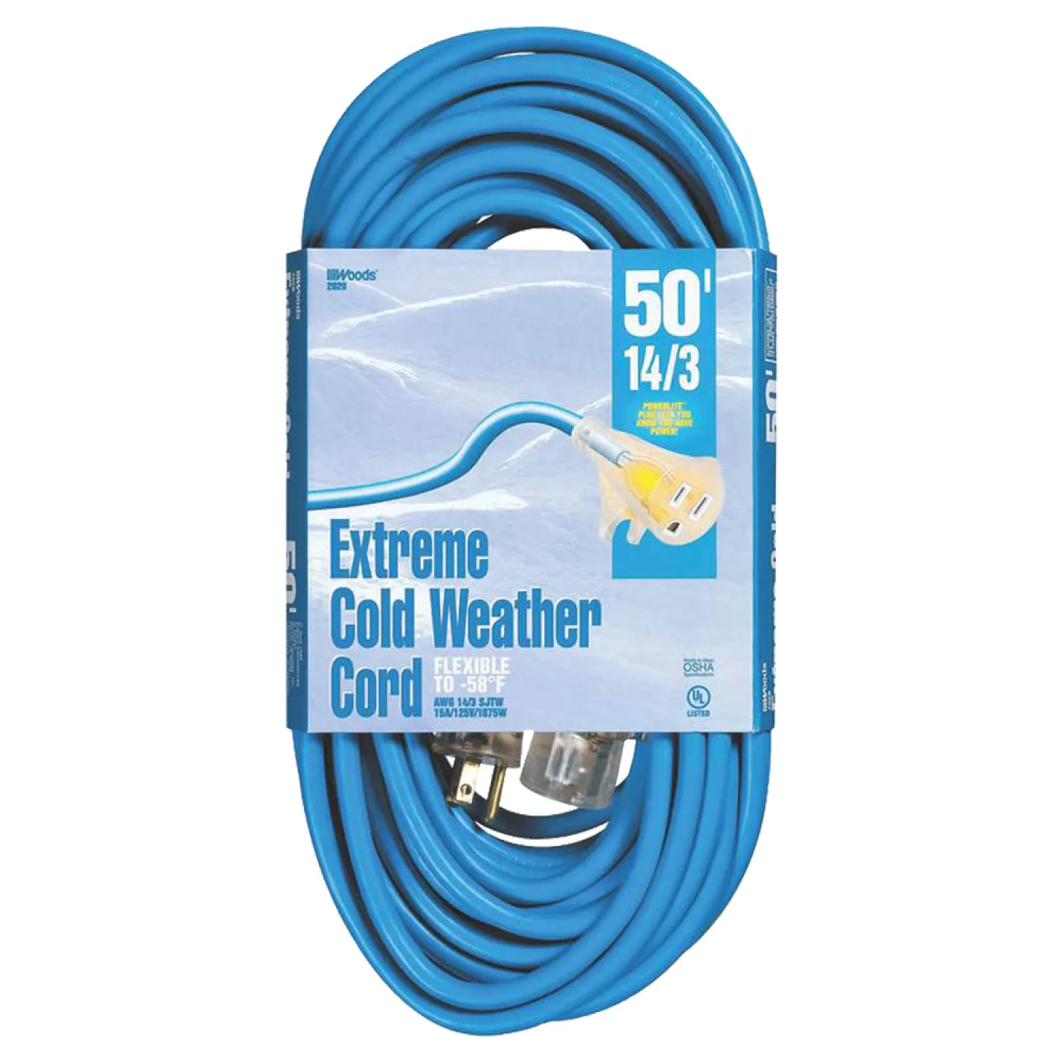 Coleman Cable 2628 Woods Cold Flex SJTW Outdoor Extension Cord With Powerlite Lightened End, 3 14 AWG Bare Copper Conductor, 50 ft L