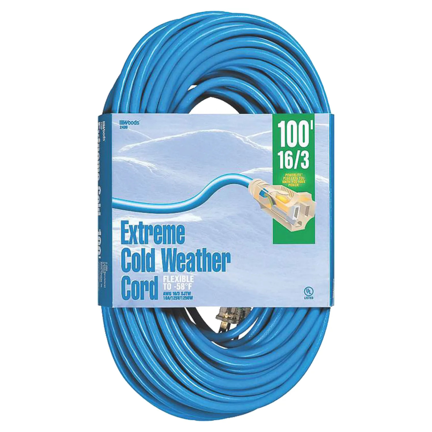 Coleman Cable 2436 Woods Cold Flex SJTW Outdoor Extension Cord With Powerlite Lightened End, 3 16 AWG Bare Copper Conductor, 100 ft L