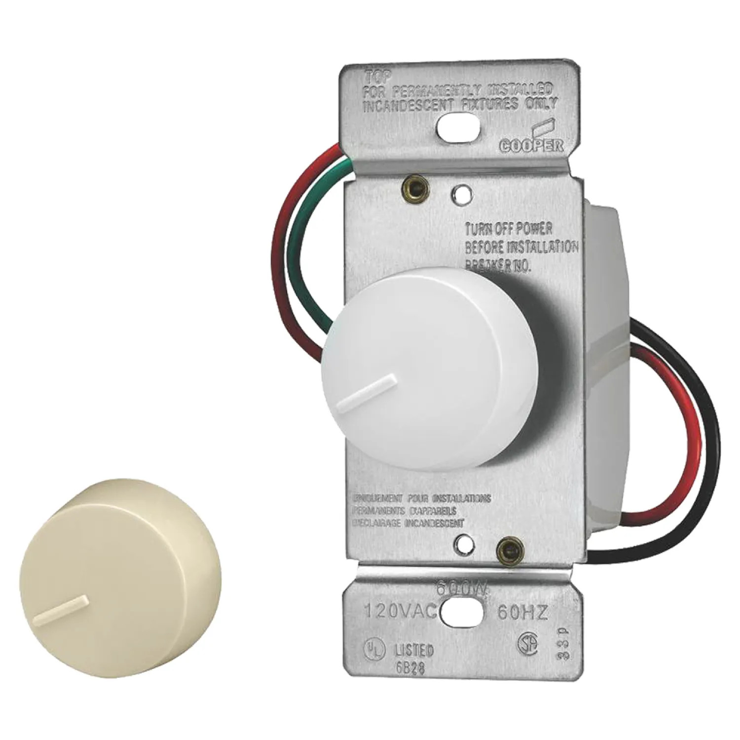 Cooper RI306P-VW-K2 Cooper RI306P-VW-K2 Preset Rotary Dimmer, 600 W, 120 VAC, 3 Way, Ivory/White