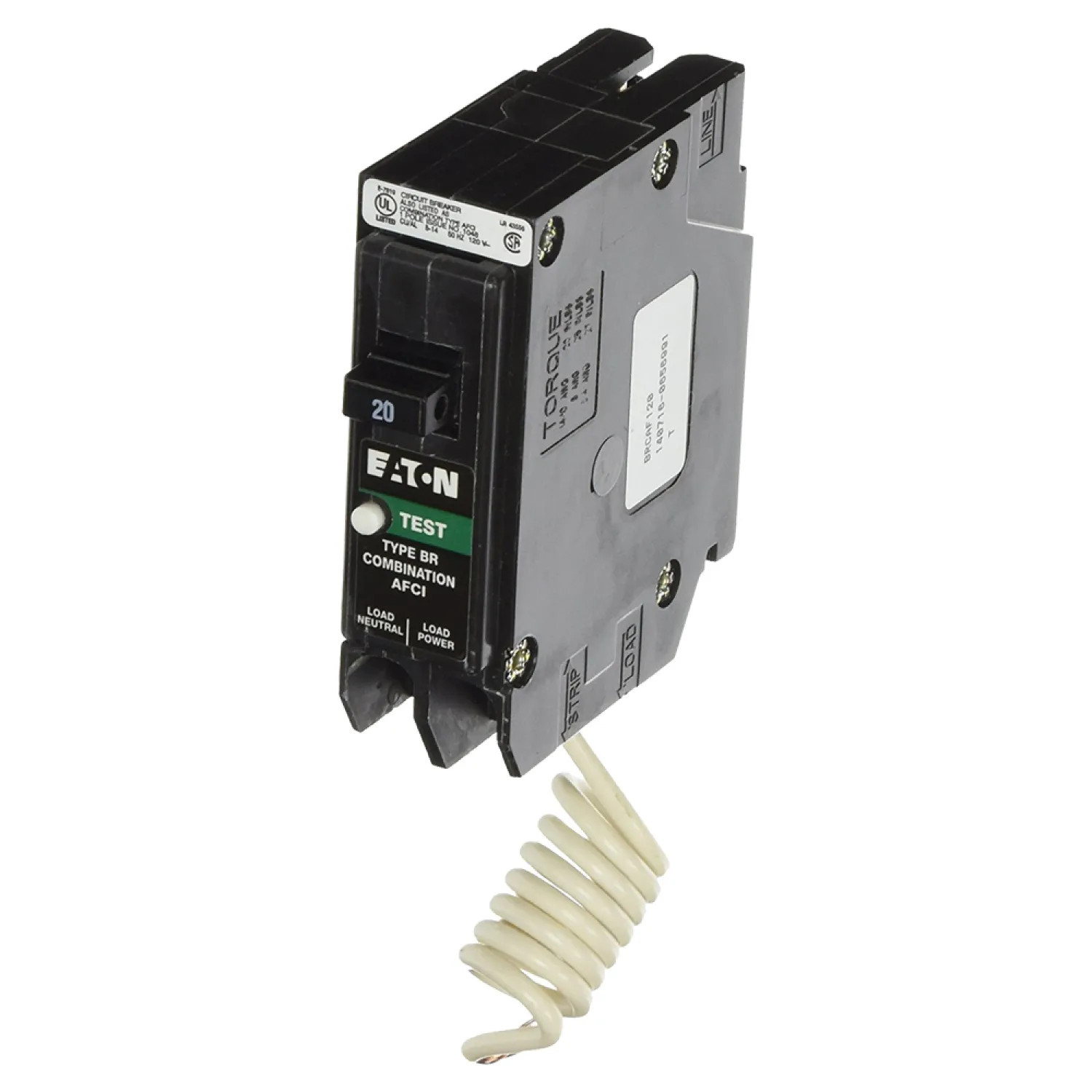 Eaton BRCAF120 Eaton BR120CAFA Type BR Arc Fault Combination Circuit Breaker, 120/240 VAC, 20 A, 1 P, 10 kA
