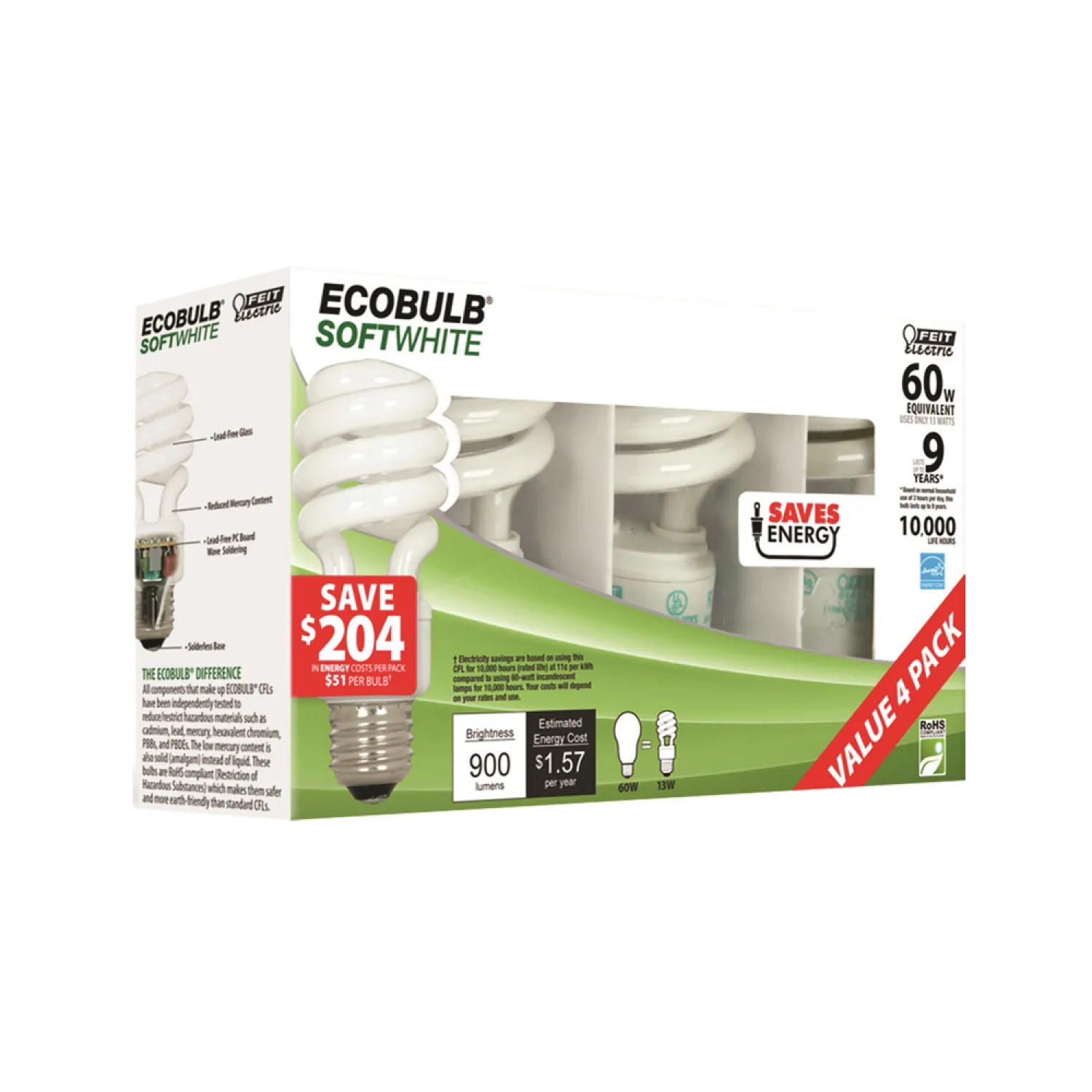 Feit ESL13T/4 Ecobulb ESL13T/4 Non-Dimmable Compact Fluorescent Lamp, 13 W, 120 V, Mini Twist, 8000 hr