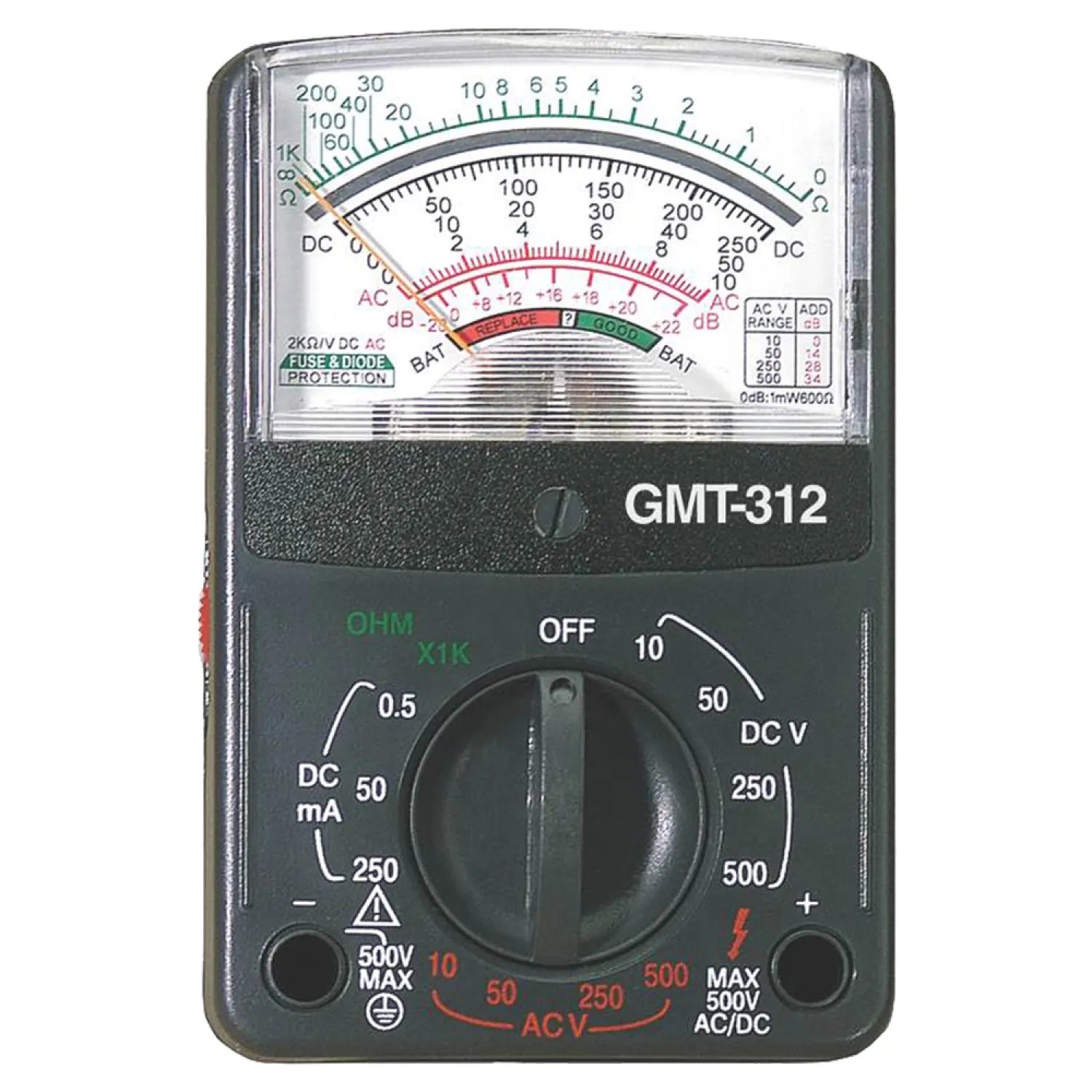 Gardner Bender GMT-312 Gardner Bender GMT-312 12-Range Analog Multimeter, 500 V, 250 mA, 1 M ohm, -20 TO 56 db, AA
