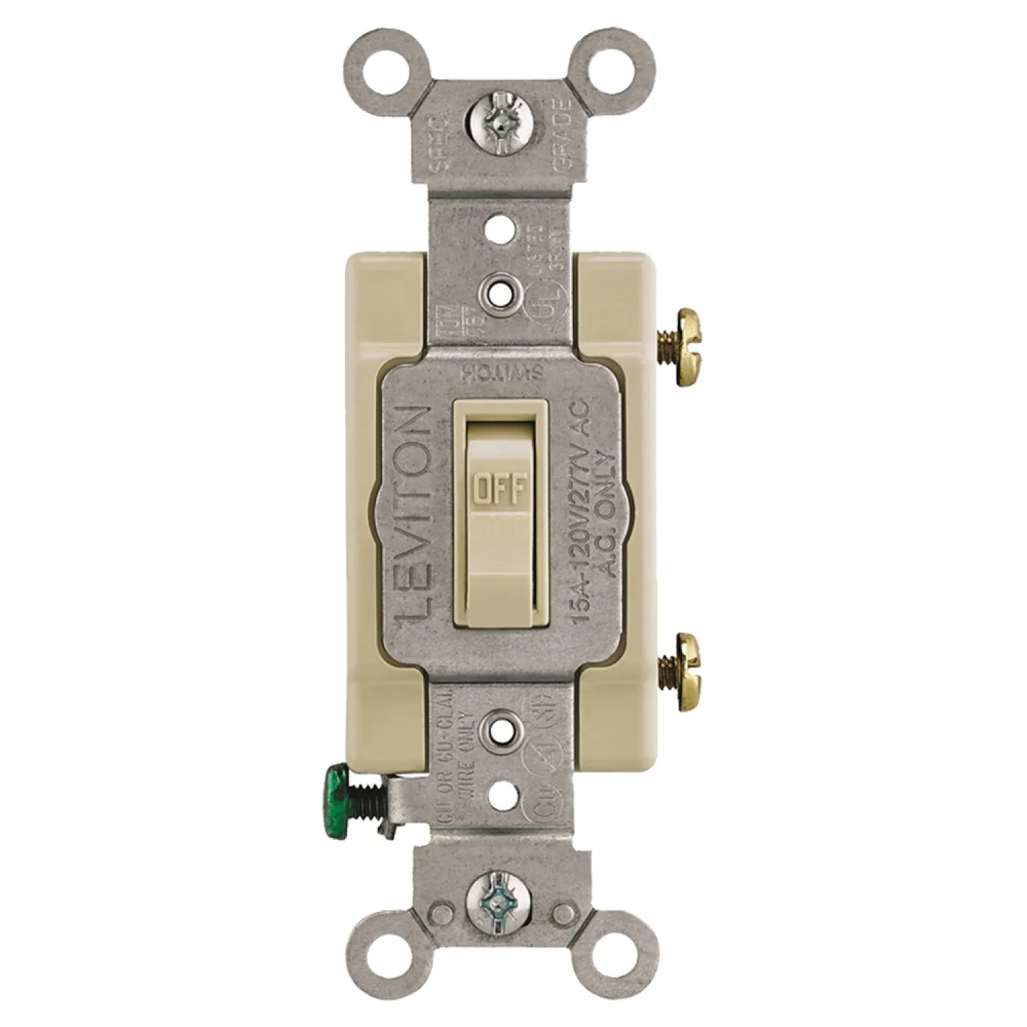 Leviton 013-54501-02I Leviton 54501-2I Grounded Toggle Switch, 120/277 V, 15 A, 1 P, Ivory