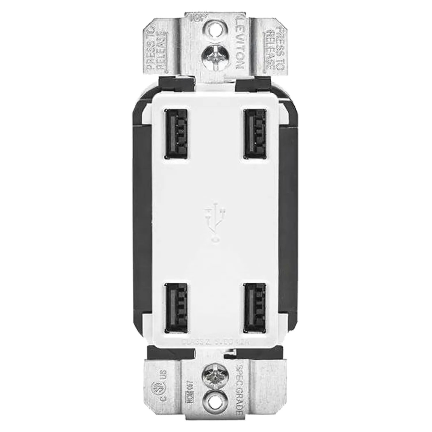 Leviton R02-USB4P-0BW Leviton Decora USB Charger, 120 V, 4.2 A, 4 Port, White