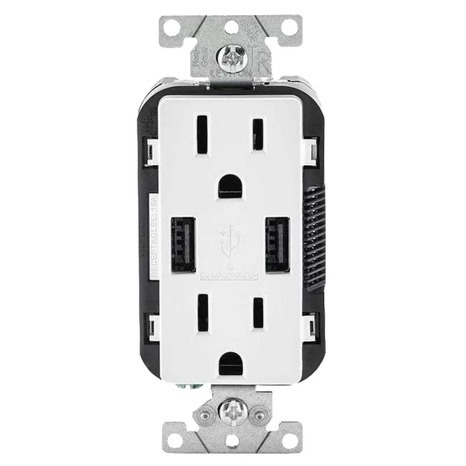 Leviton R02-T5632-0BW Leviton R02-T5632-0BW 2-Port Combination Duplex Receptacle With USB Charger, 125 VAC, 15 A, 2 Pole, 3 Wire, White