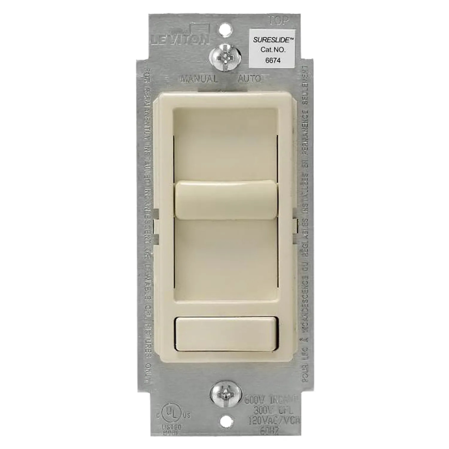 Leviton R68-06674-P0T Leviton SureSlide Decora Electro Mechanical Preset Universal Slide Dimmer, 120 VAC, 600/150 W, 1 P, 3 W
