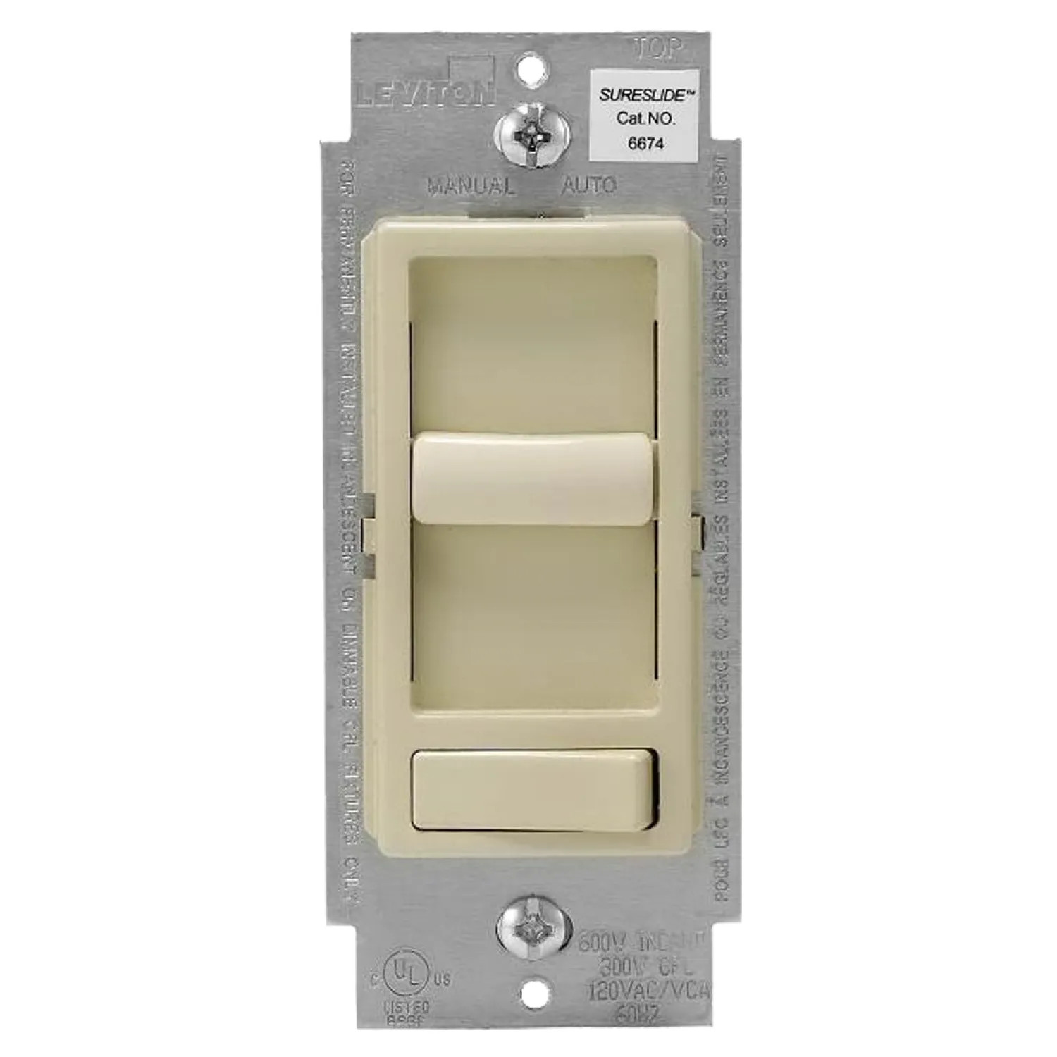 Leviton R61-06674-P0I Leviton SureSlide Decora Electro Mechanical Preset Universal Slide Dimmer, 120 VAC, 600/150 W, 1 P, 3 Way, Ivory