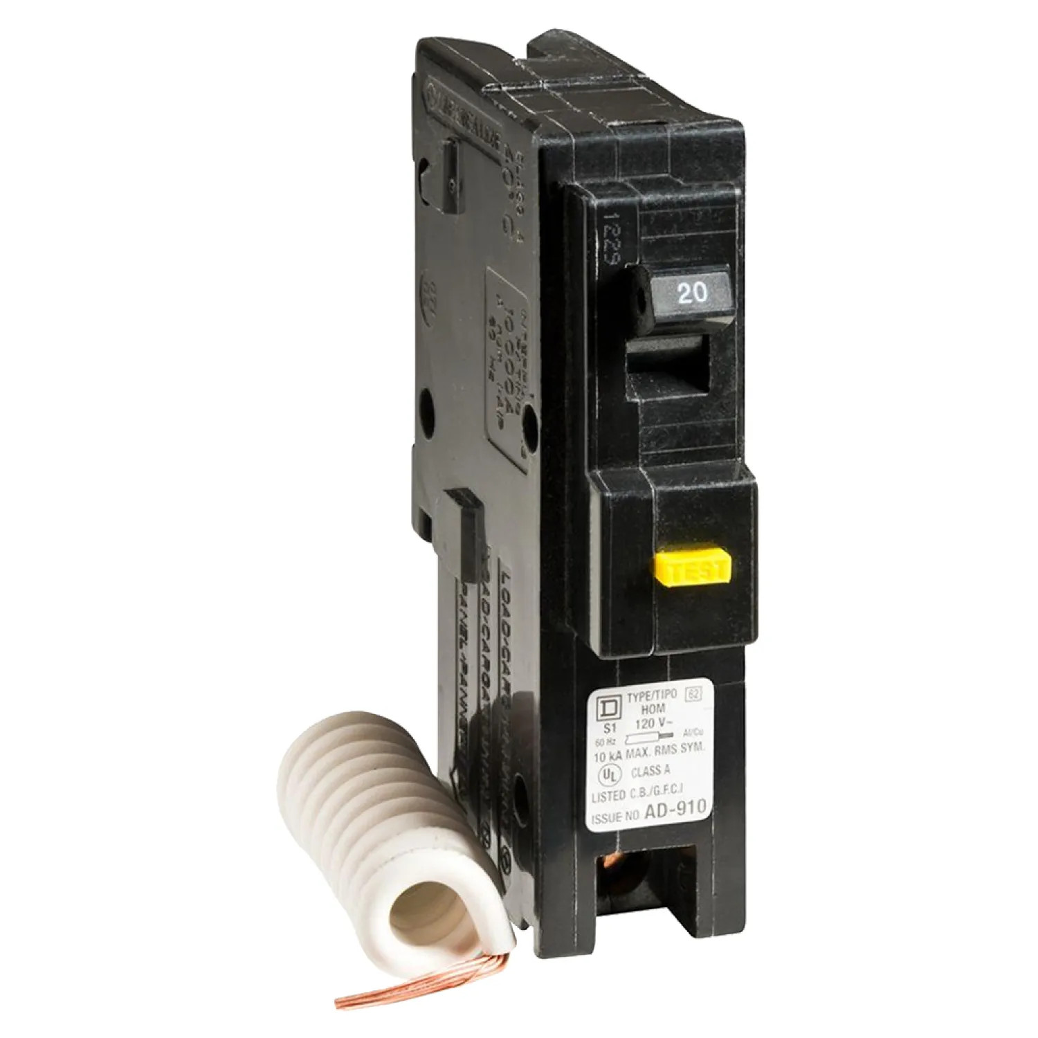 Square D HOM120GFICP HomeLine HOM120GFICP GFCI Circuit Breaker, 120/240 VAC, 20 A, 1 P, 10 kA