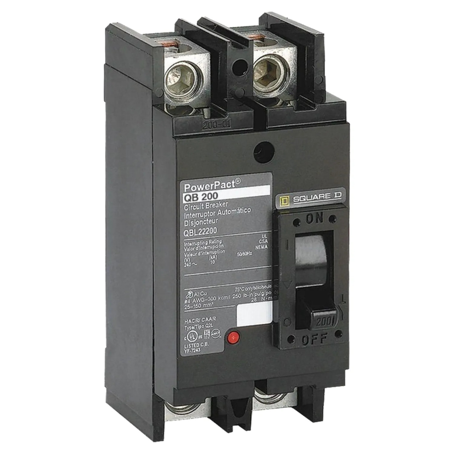 Square D QBL22200 Square D QBL22200 Type QBL Standard Circuit Breaker, 240 VAC, 200 A, 2 P, 10 kA