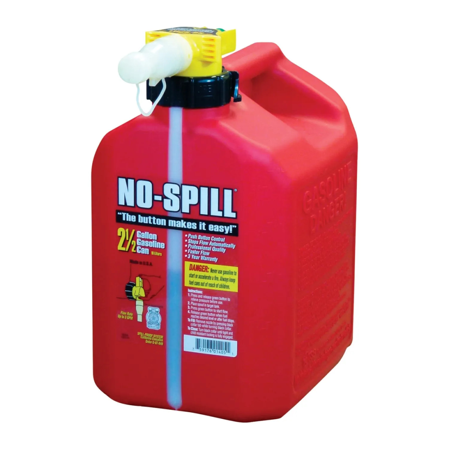 No-Spill 1405 No-Spill 1405 Gas Can, 2.5 gal, 13-1/2 in H, Plastic, Red