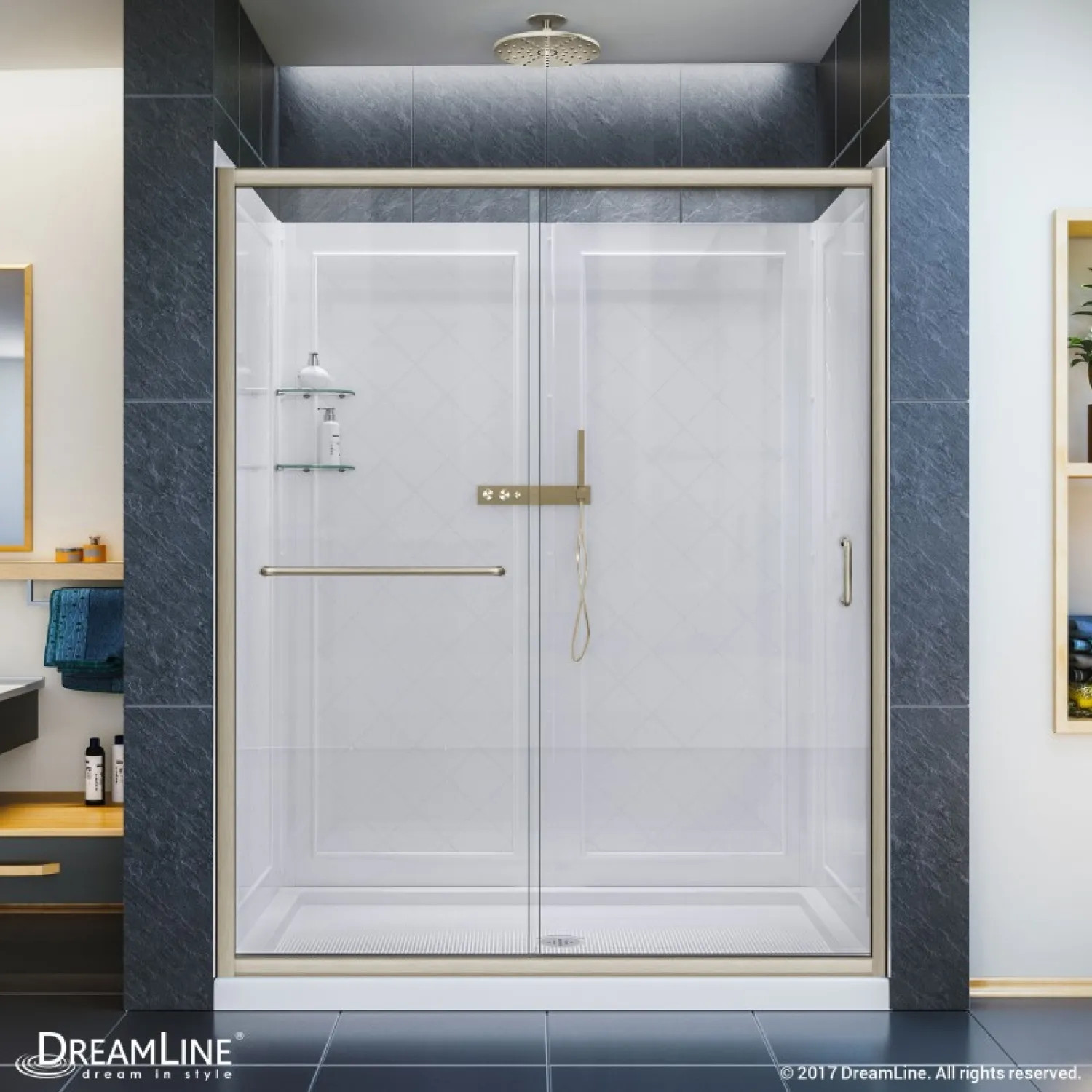 DreamLine DL-6116C-04CL DreamLine DL-6116C-04CL Infinity-Z Clear Shower Door, Center Drain and Backwalls - Brushed Nickel Trim