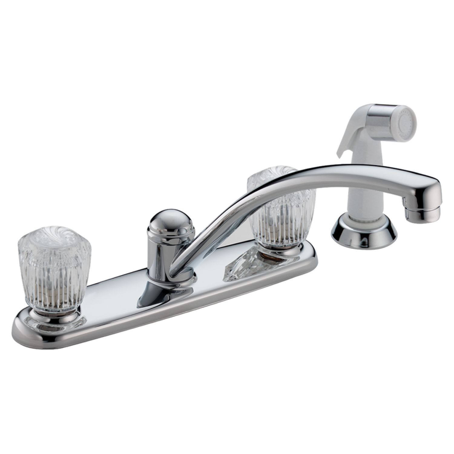 Delta 2402LF Delta Classic Single Handle Kitchen Faucet w/ Side Sprayer in Deck Plate, H41 Clear Knob Handles, Chrome - 2402LF