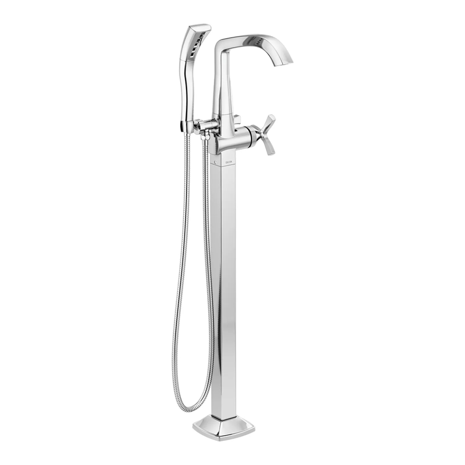 Delta T47766-FL Delta Stryke Freestanding Tub Filler Trim with 1.75 GPM Single-Setting Hand Shower, H2Okinetic, Cross Handle, Chrome - T47766-FL