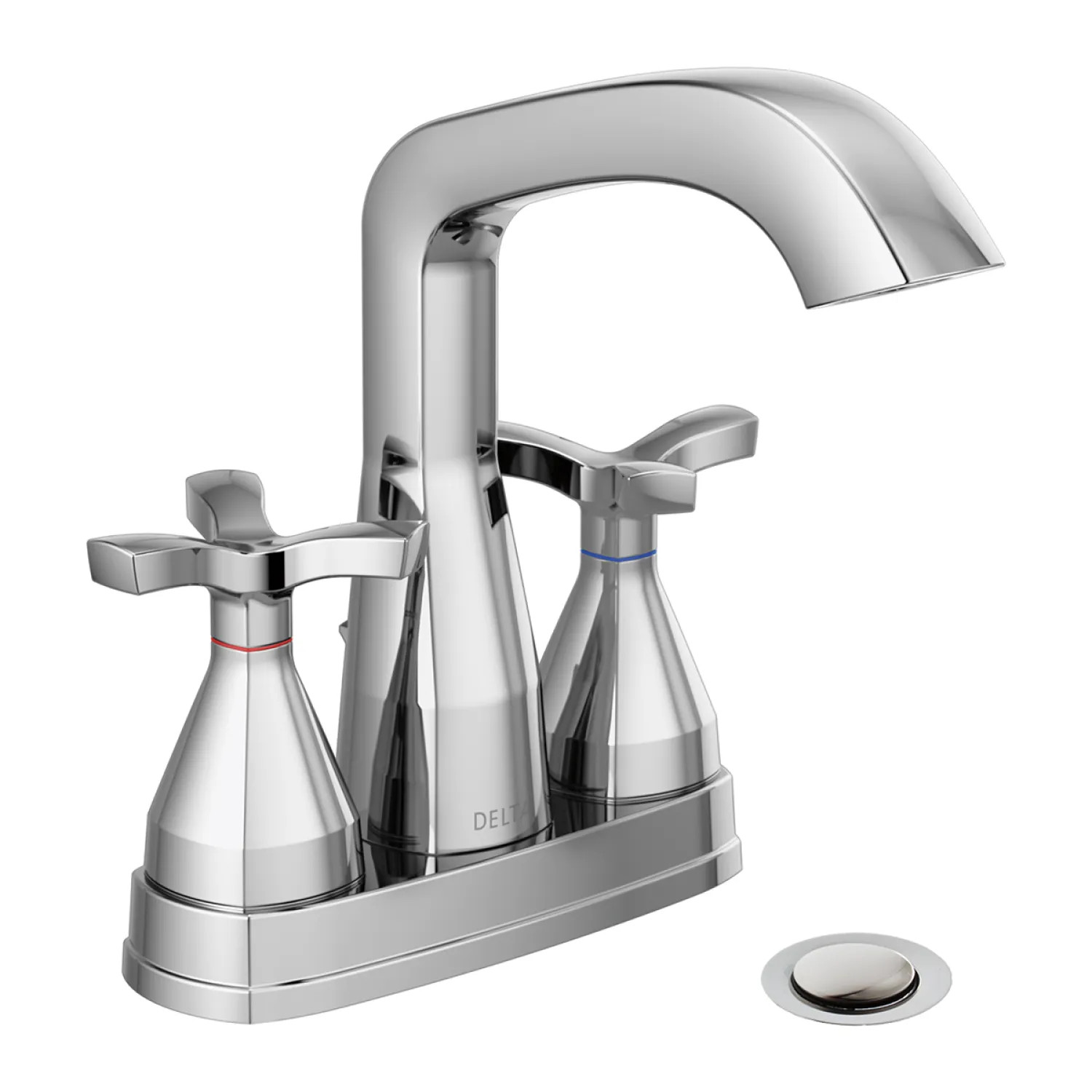 Delta 257766-MPU-DST Delta Stryke Angled Spout Centerset Lavatory Faucet With Metal Pop-Up, Two-Handle, DIAMOND Seal, Helo Spoke Handles, 1.2 GPM, Lumicoat Chrome - 257766-MPU-DST