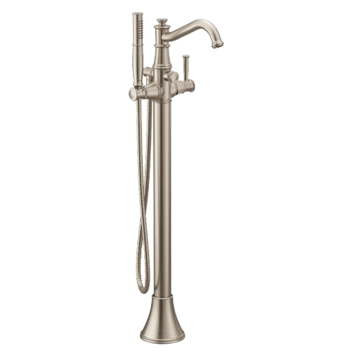 Moen 9025BN Moen Belfield 6 GPM Freestanding Tub Filler with 1.75 GPM Single-Function Hand Shower, 59in Metal Hose, Single Lever Handle, Brushed Nickel - 9025BN