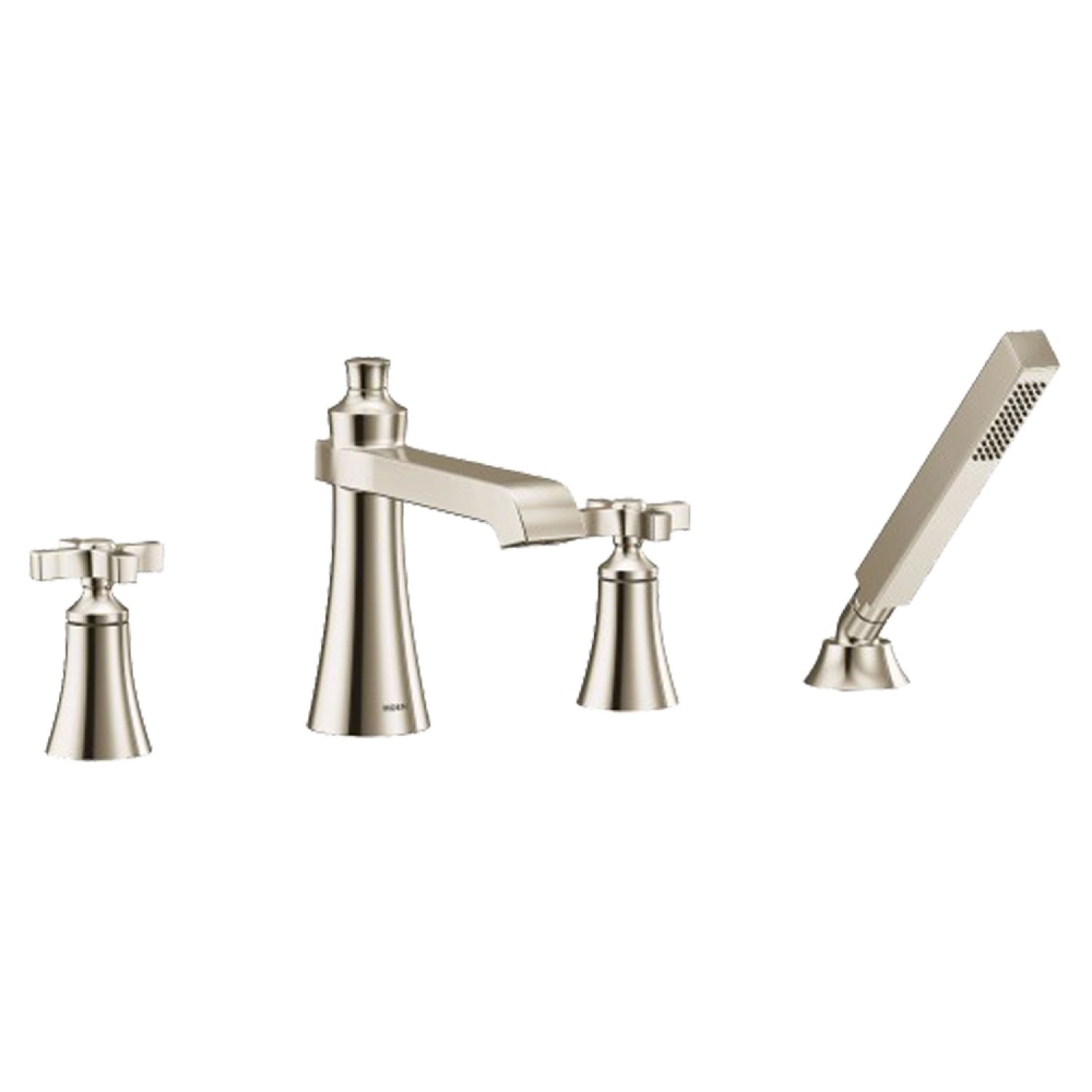 Moen TS929NL Moen Flara Two-Handle Roman Tub Faucet with 2 GPM Single-Function Hand Shower, Cross Handles, Polished Nickel - TS929NL