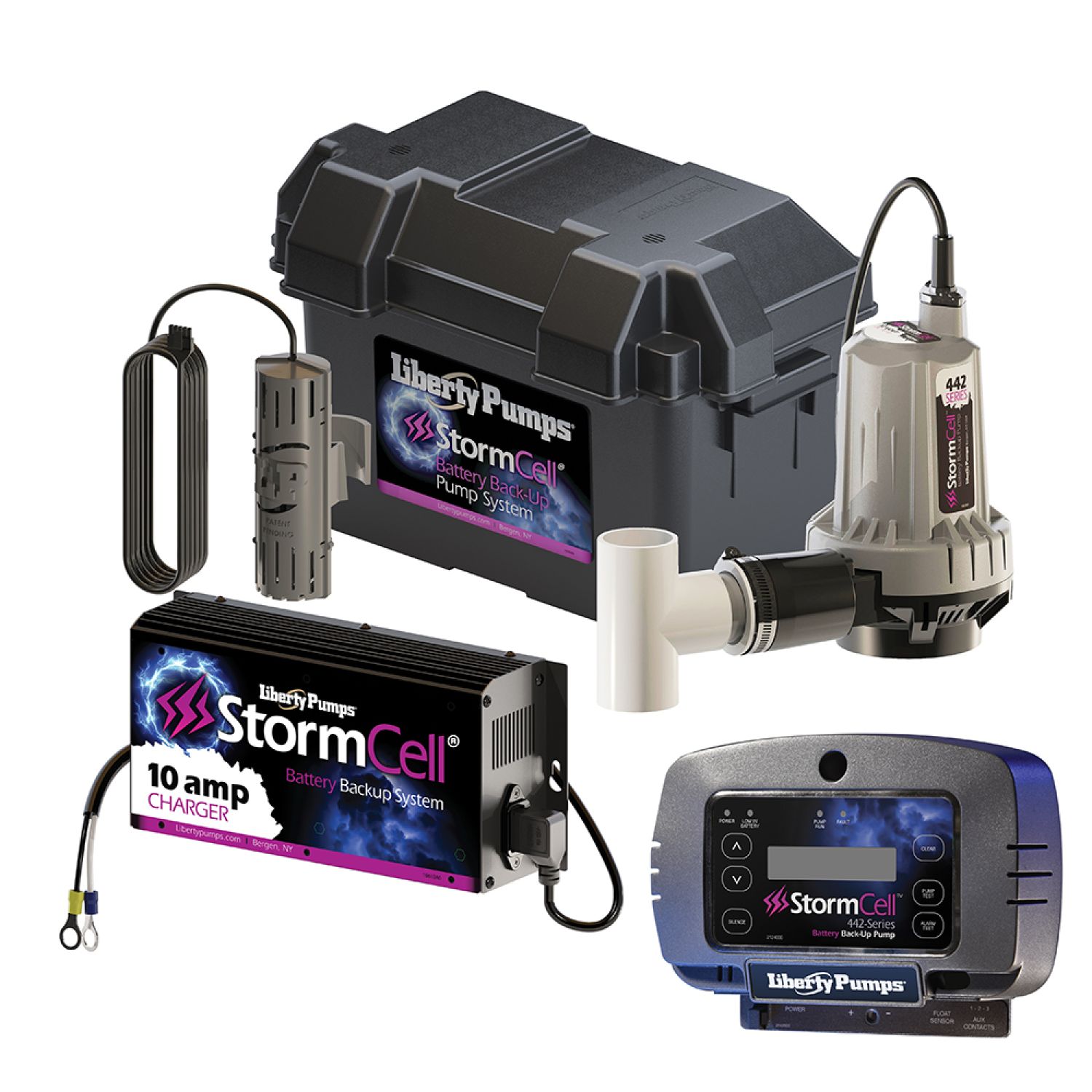 Liberty Pumps StormCell Emergency Sump Pump, 43 GPM, Battery Backup System  with 10A Charger, Vertical Switch - 442-10A
