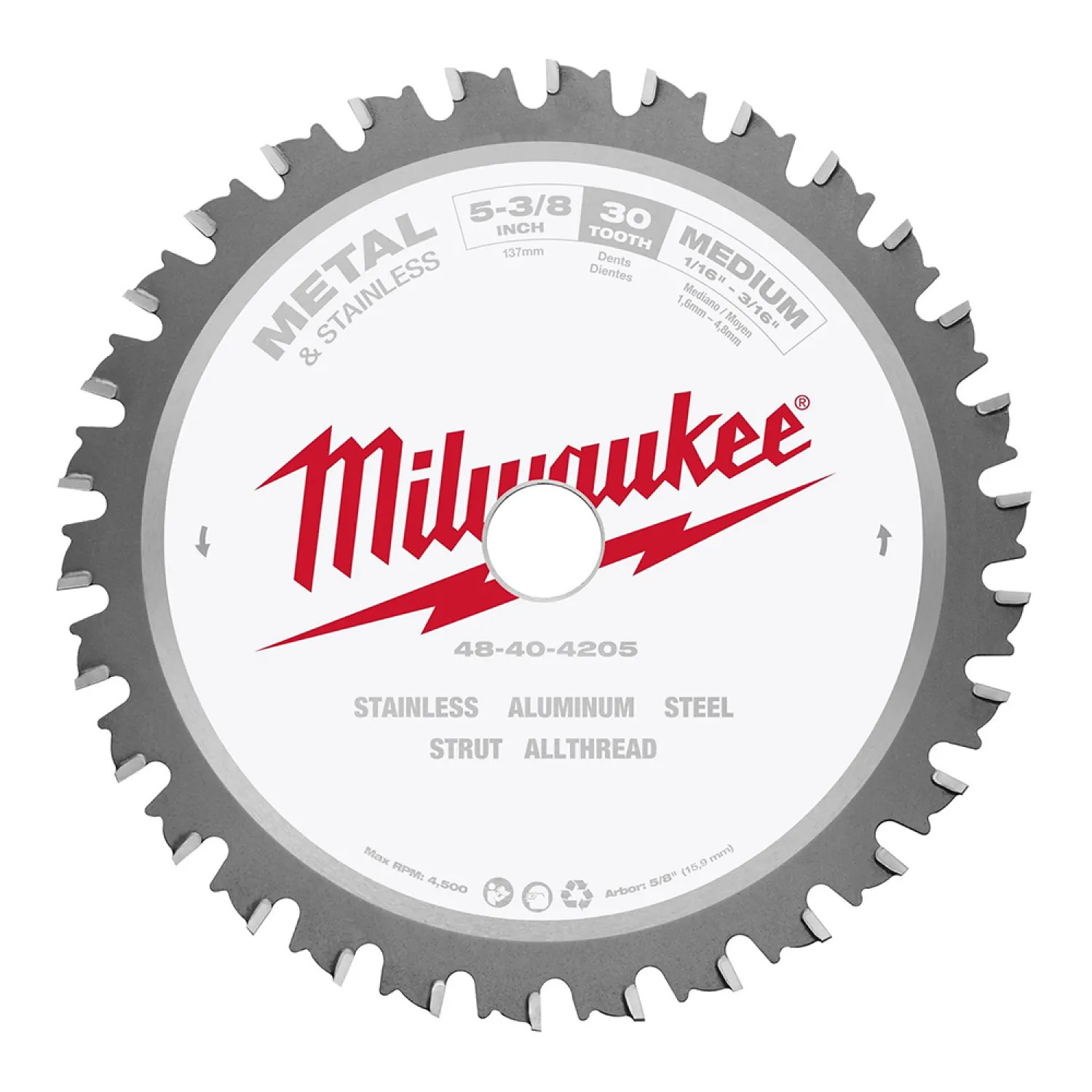 Milwaukee 48-40-4205 Milwaukee 5-3/8in Metal & Stainless Cutting Circular Saw Blade with 30T and 5/8in Arbor - 48-40-4205 