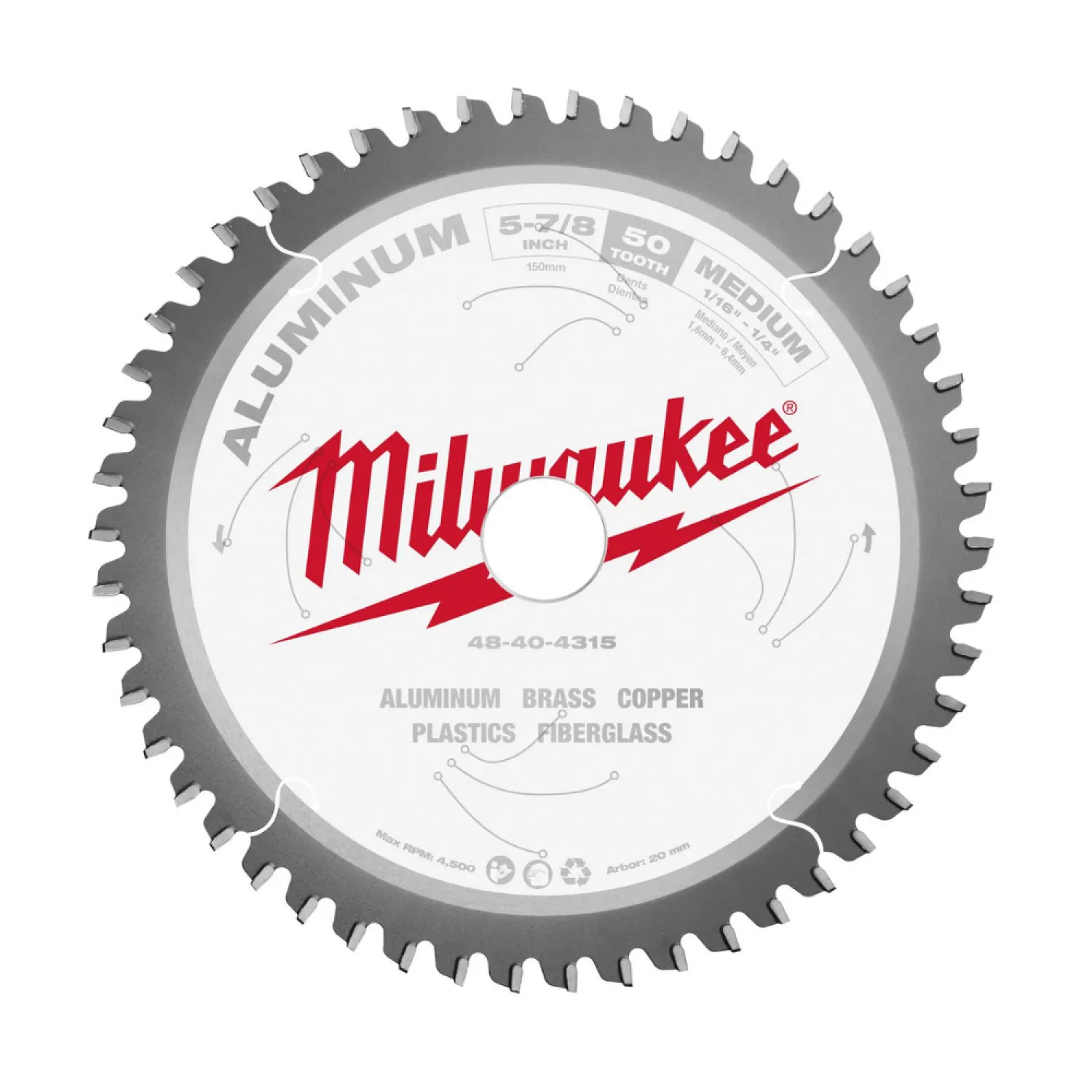 Milwaukee 48-40-4315 Milwaukee 5-7/8in x 50T Aluminum Cutting Circular Saw Blade with 20 mm Arbor Size and 0.071in Kerf Thickness - 48-40-4315