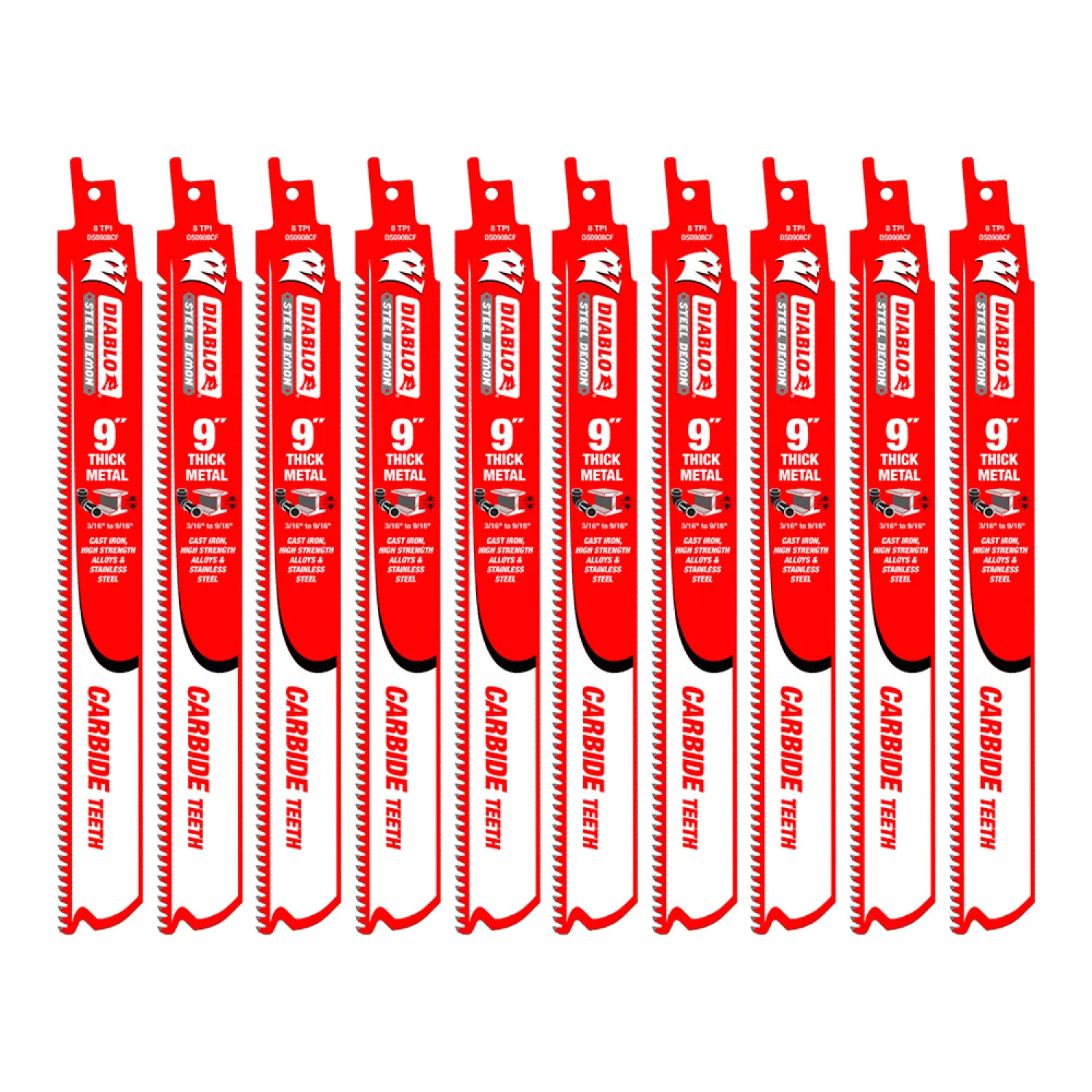 Diablo DS0908CF10 Diablo Steel Demon 10-Pack 9in x 8 TPI Carbide Reciprocating Saw Blade for Thick Metal Cutting - DS0908CF10