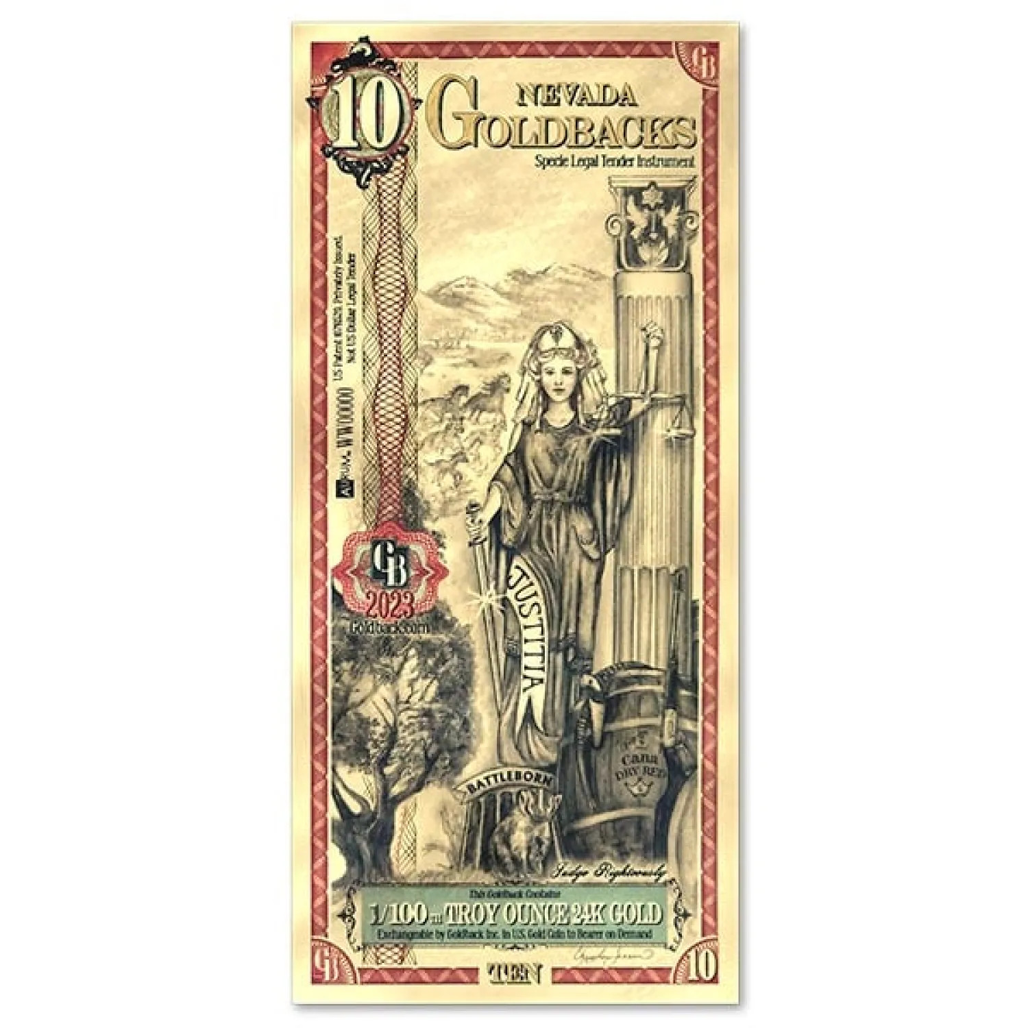   Goldback 10 Bill - Nevada, Justitia - 1/100th Troy Oz .9999 Gold-Minted Bill