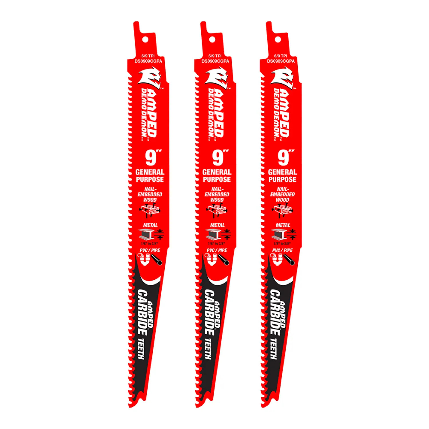 thumbnail image 2 of DIABLO 9 In. 6/9 TPI Demo Demon Carbide General Purpose Reciprocating Saw Blade  3-Pack  With 3 Bonus Carbide Blades Ds0909cgp3put 2 of 11