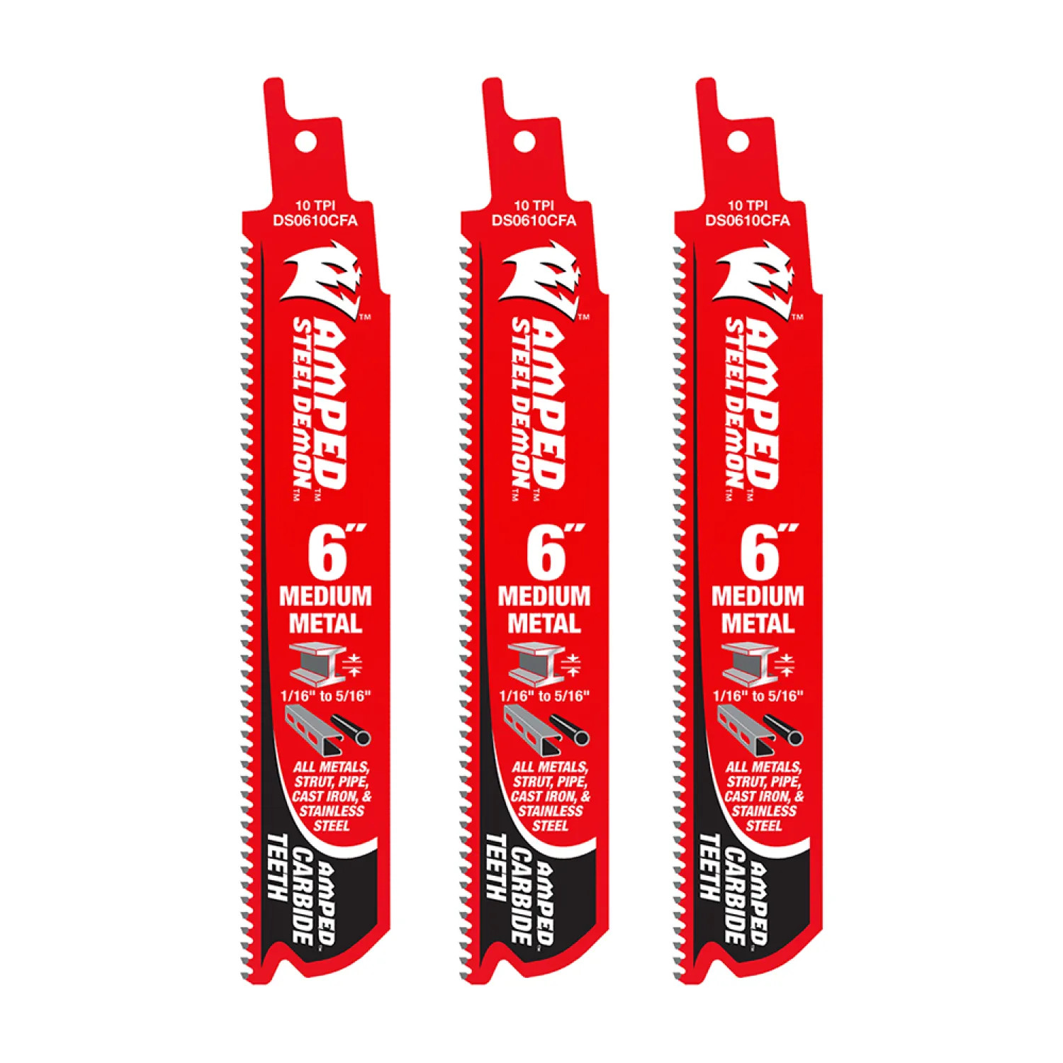 Diablo DS0610CFA3 Diablo Steel Demon AMPED 3-Pack 6in x 10 TPI Carbide Reciprocating Saw Blade for Medium Metal Cutting - DS0610CFA3