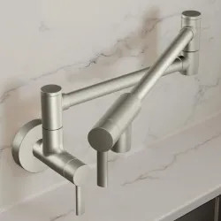 Click here to see Moen S665SRS Moen Two-Handle Pot Filler Faucet w/ Dual Jointed Swing Arm, 5.5 GPM, Spot Resist Stainless - S665SRS