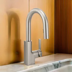 Click here to see Moen S62308SRS Moen STo Single Handle High Arc Pull-Down Bar/Prep Faucet, Spot Resist Stainless - S62308SRS