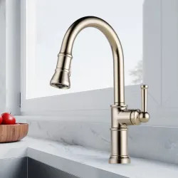 Click here to see Brizo 63025LF-PN Brizo Artesso Single-Handle Pull-Down Kitchen Faucet w/ 2-Function Sprayer, DIAMOND Seal, MagneDock, 1.8 GPM, Brilliance Polished Nickel - 63025LF-PN