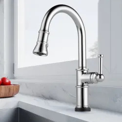 Click here to see Brizo 64025LF-PC Brizo Artesso Single-Handle Pull-Down Kitchen Faucet w/ 2-Function Sprayer, SmartTouch, MagneDock, 1.8 GPM, Polished Chrome - 64025LF-PC