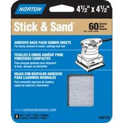 Click here to see Norton 49129 Norton 7660705453 Stick and Sand Power Sanding Sheet, 4-1/2 in x 4-1/2 in, 60 Grit