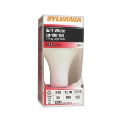 Click here to see Sylvania 50/150/3WAY/SW Osram Sylvania 18060 3-Way Incandescent Lamp, 50/100/150 W, 120 V, A21, 1200 hr
