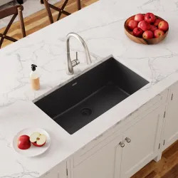 Click here to see Elkay ELGRU13322BK0 Elkay Quartz Classic Black 33in x 19in Single Bowl Undermount Kitchen Sink with Rear Center Drain - ELGRU13322BK0  