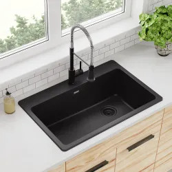 Click here to see Elkay ELG13322BK0 Elkay Quartz Classic Black 33in x 22in Single Bowl, Drop In Sink with Rear Right Drain and Mounting Hardware - ELG13322BK0