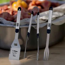 Click here to see Omaha SHE94031L-B Omaha 3-Piece BBQ Tool Set with Spatula, Fork and, Tongs, Aluminum/Stainless Steel - SHE94031L-B