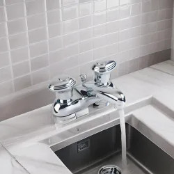 Click here to see Gerber G0053120 Gerber Hardwater Two-Handle Centerset Chrome Bathroom Faucet with Metal Pop-Up Drain, ADA Compliant, 1.2 GPM, Three-Hole Installation - 53-120
