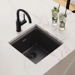 Click here to see Elkay ELG1616BK0 Elkay Quartz Classic Black 15-3/4in x 15-3/4in x 7-11/16in Dual Mount Single Bowl Sink with Rear Center Drain - ELG1616BK0