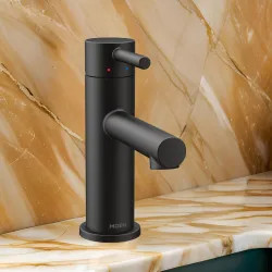 Click here to see Moen 6190BL Moen Align Single-Handle High-Arc Matte Black Bathroom Faucet with Metal Pop-Up and Red/Blue Indicators, 1.2 GPM, ADA Lever Handle, Single-Hole - 6190BL