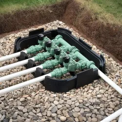 Click here to see Orbit 53230 Orbit Sprinkler Valve Box Platform with Removable Pipe Windows, Rectangular, HDPE - 53230
