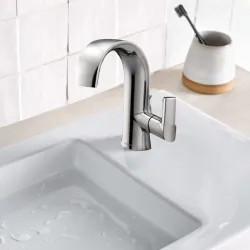 Click here to see Moen S6910 Moen Doux Single-Handle Chrome Bathroom Faucet with Metal Pop-Up and Escutcheon, Lever Handle, 1.2 GPM, Single-Hole, WaterSense - S6910