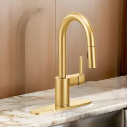 Click here to see Moen 5965BG Moen Align Single-Handle High Arc Pull-Down Bar/Prep Faucet, 1.5 GPM, Reflex, Power Clean, Duralock, Brushed Gold - 5965BG