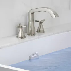 Click here to see Delta T27766-SS Delta Stryke Three Hole Roman Tub Only Trim, Helo Spoke Handles, Rigid Spout, ADA, Stainless - T27766-SS