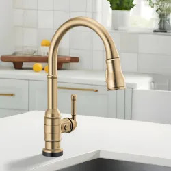 Click here to see Delta 9190T-CZ-DST Delta Broderick Single Handle Pull-Down Kitchen Faucet, Touch2O, DIAMOND Seal, MagnaTite, ShieldSpray, ADA, 1.8 GPM, Champagne Bronze - 9190T-CZ-DST
