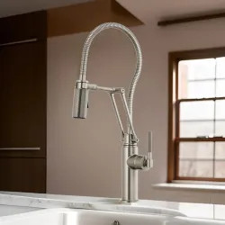Click here to see Brizo 63143LF-SS Brizo Litze Single-Handle Articulating Kitchen Faucet with Finished Hose, 2-Function, Knurled Handle, 1.8 GPM, Brilliance Stainless - 63143LF-SS