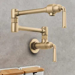 Click here to see Brizo 62874LF-GL Brizo Rook Two-Handle Wall-Mount Pot Filler with Dual-Jointed Swing Spout, 4 GPM, Brilliance Luxe Gold - 62874LF-GL