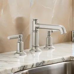 Click here to see Brizo 65377LF-NKLHP Brizo Invari Two-Handle Widespread Brilliance Luxe Nickel Bathroom Faucet with Metal Pop-Up, Column Spout, 1.5 GPM, Three-Hole, Less Handles - 65377LF-NKLHP