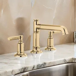 Click here to see Brizo 65377LF-PGLHP Brizo Invari Two-Handle Widespread Brilliance Polished Gold Bathroom Faucet with Metal Pop-Up, Column Spout, 1.5 GPM, Three-Hole, Less Handles - 65377LF-PGLHP